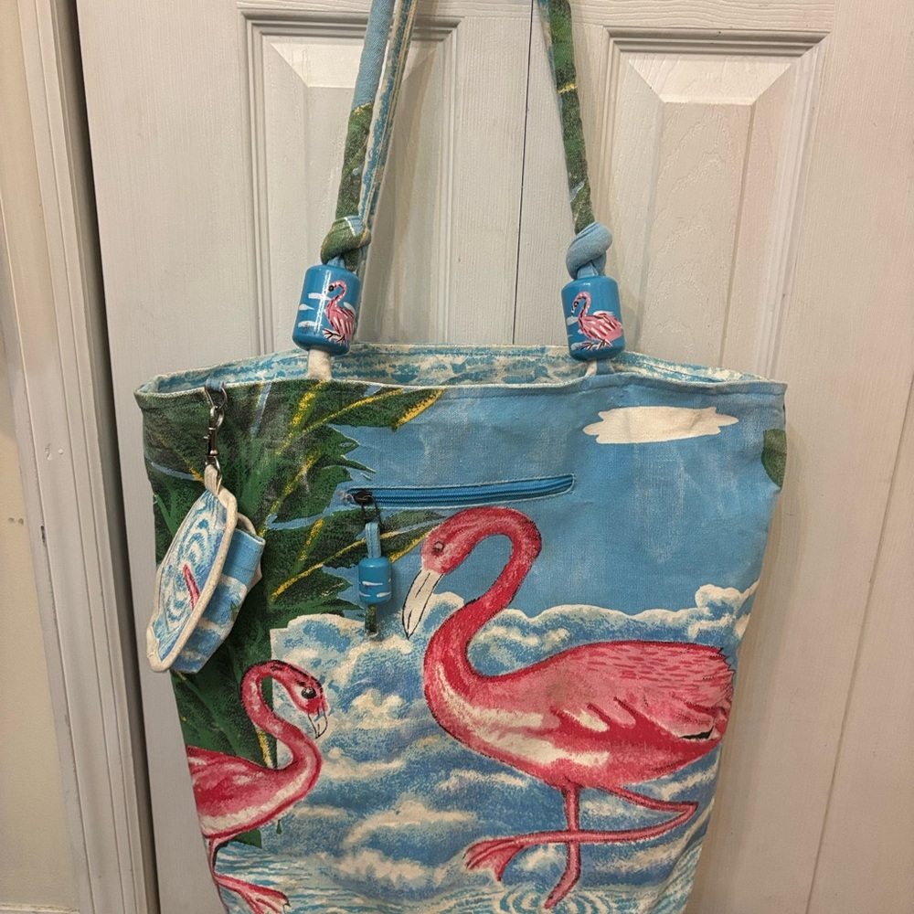 Vintage Flamingo Print Tote Bag - Blue and Pink